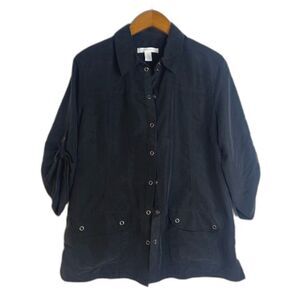 Chicos Black Snap‎ Button Front Roll Cuff Back Cinch Casual Shirt Size 1-Small